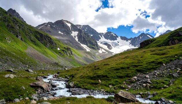 A mountain landscape, showcasing lush green valleys and a winding river leading to snow-capped peaks under a partly cloudy sky - Powered by Adobe