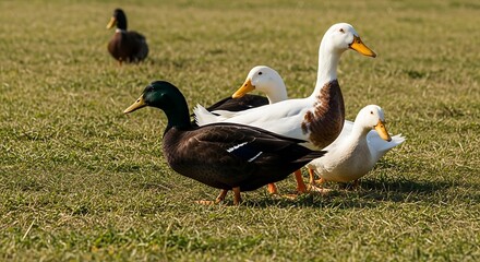 Ducks Grazing in a Field - A Peaceful Scene of Nature.