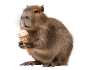 Humorous and cute capybara animal holding sweet summer dessert. This funny rodent enjoys an ice cream cone, creating whimsical and comical scene for all to see