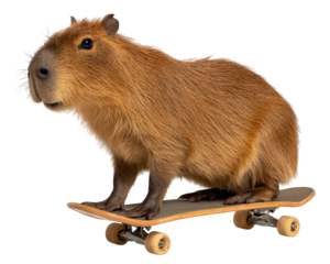 Humorous and sporty capybara animal riding skateboard. This funny and cute rodent shows off its skateboarding skill with cool and amusing expression