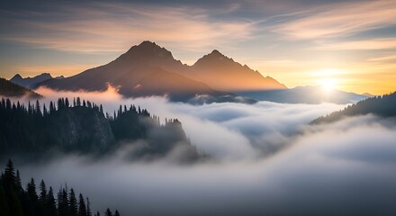 Majestic Mountain Peaks Emerging from a Sea of Clouds at Sunrise.