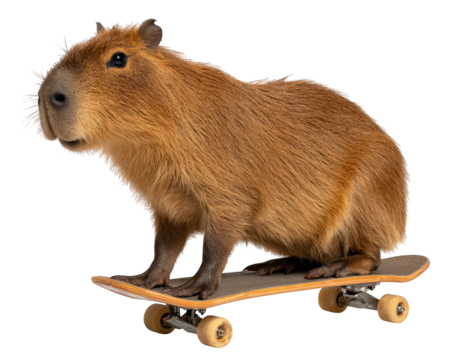 Humorous and sporty capybara animal riding skateboard. This funny and cute rodent shows off its skateboarding skill with cool and amusing expression