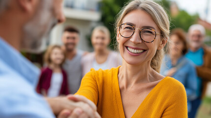 Fototapeta premium Neighbors welcoming new family to neighborhood, outdoor smiles and greetings, sense of community, kindness and connection, suburban lifestyle, friendly gestures, togetherness and w