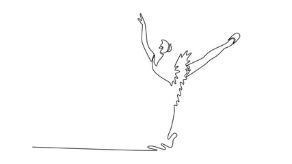 Animated self drawing of continuous line draw beauty ballerina balancing on one foot pointe with her leg and arms extended, graceful and technically demanding arabesque. Full length one line animation