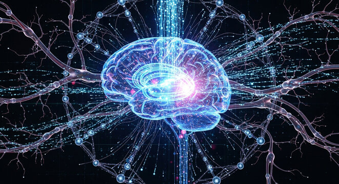 Digital illustration of a human brain with glowing neural connections, representing intelligence, consciousness, and the power of the mind