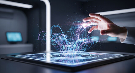 A persons hand interacts with a holographic display showing a complex network of interconnected data points, representing advanced technology