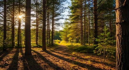 Obraz premium Sunlit Forest Path - A Serene Woodland Scene.