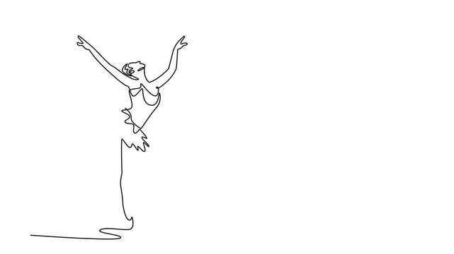 Self drawing animation of single line draw ballerina balancing en pointe while holding her leg high over her head, extreme flexibility and technical skill of art. Continuous line. Full length animated