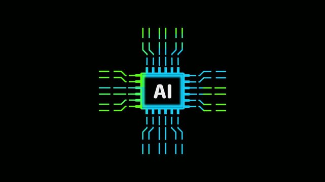 Neon Blue and Green AI Microchip Icon on Black Background with Circuitry Lines artificial intelligence