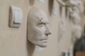 Male death mask. Sculpture. Sculptor's working process.