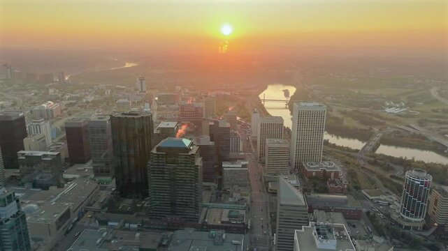 Aerial sunrise view of downtown Edmonton skyline, Alberta, Canada
