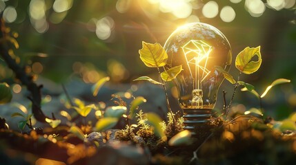 Sustainable energy concept with lightbulb and plant growth outdoors