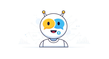 Cute ai chatbot character isolated on white background, with speech bubbles, representing digital communication, virtual assistance, and modern technology