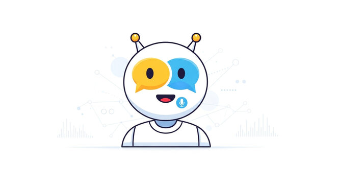 Cute ai chatbot character isolated on white background, with speech bubbles, representing digital communication, virtual assistance, and modern technology