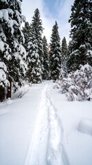 Fototapeta premium A path, stamped with footprints, leads through a snowy forest of evergreens. The trees are coated in snow under a partly cloudy sky