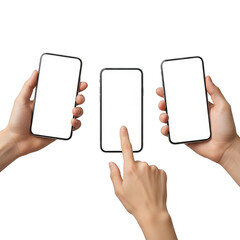 Three hands holding smartphones with blank screens ,holding smartphones with empty screens png