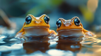 Two bright frogs with expressive eyes in the water, suitable for materials about nature and biodiversity.