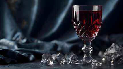 Elegant goblet with red wine, crystal detail on dark background.