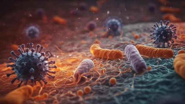 Microscopic 3d Animation of Pathogenic Bacteria and Viruses in Vibrant Orange and Blue Tones