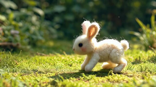 Animated white bunny rabbit leaping across vibrant green grass in sunny environment for conceptual projects