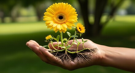 Gerbera daisy held in hand, symbolizing growth and environmental care.