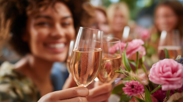 Women celebrating bridal shower with champagne, laughter and flowers, friendship and joy, feminine energy, elegant lifestyle, special moments, celebration of love, happiness and co