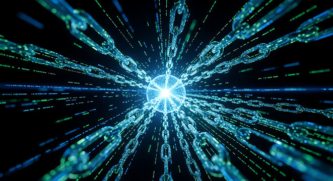 A digital representation of blockchain technology with chains and a central glowing sphere on black