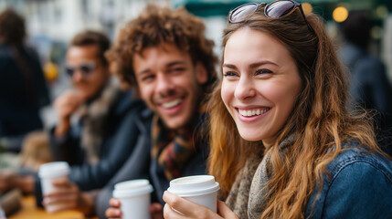 Fototapeta premium International students studying abroad laughing together, coffee cups and notebooks, friendship and culture, education adventure, youthful joy, shared dreams, diversity and unity, 