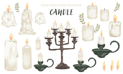 水彩風 手描きアンティークキャンドルと燭台のベクター素材セット