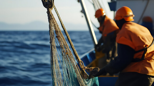 Ocean Catch: Fishermen Working at Sea - A hardworking crew prepares fishing nets on a vessel against the backdrop of the vast, blue ocean. Focus on the task. - Powered by Adobe