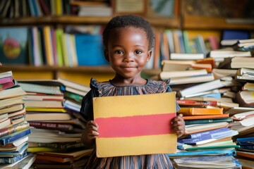 Young african child smiling, holding a book with a red stripe, surrounded by books, symbolizing children's rights