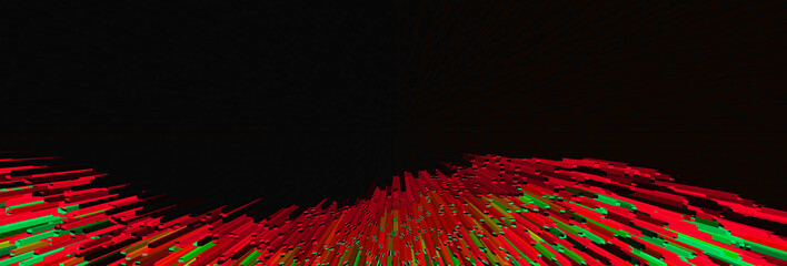 Abstract 3d extrusion red green color line on black background. long backdrop. Geometric art pattern. banner. wallpaper. Tech card. Copy space. Energy efficiency. Digital Transformation. Christmas