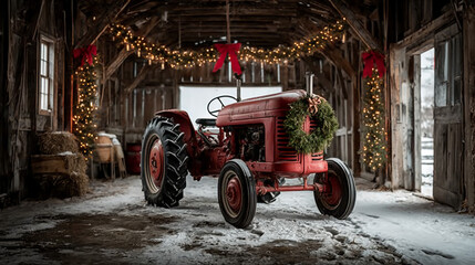 Red Tractor with Wreath in a Rustic Christmas Barn