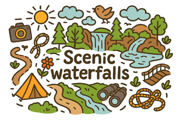 Scenic Waterfall Doodle. Scenic waterfalls. Hand-drawn doodle illustration of Scenic waterfalls. waterfall,