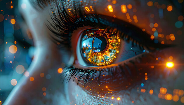 Digital Reflection: A macro perspective on an eye with a captivating reflection of a futuristic cityscape, integrated with data streams. - Powered by Adobe
