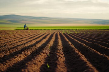 Farmer working in a tilled field, planting crops in parallel rows. Concept of agriculture, growth, and sustainable farming