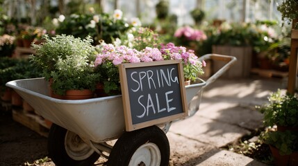 Spring sale at local garden center showcasing vibrant flowers in a wheelbarrow