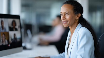Professional businesswoman in office conducting virtual meeting with diverse international team, modern technology for remote collaboration, smiling participants on computer screen