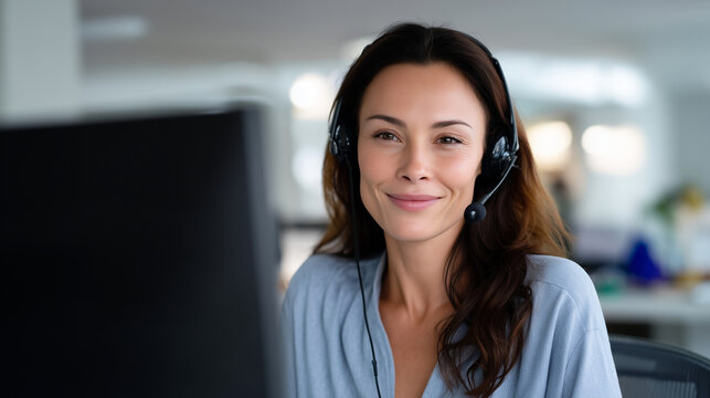 Woman wearing headset having online video meeting with multinational colleagues, modern office workspace, teamwork and communication concept, diversity and collaboration in busines