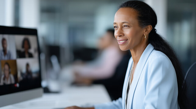 Professional businesswoman in office conducting virtual meeting with diverse international team, modern technology for remote collaboration, smiling participants on computer screen
