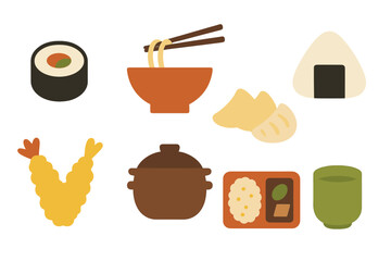 Collection of traditional Japanese dishes and meal elements including sushi, ramen, and tempura
