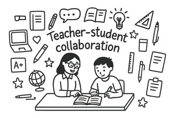 Teacher-Student Doodle Art. Teacher-student collaboration. Hand-drawn doodle illustration of Teacher-student