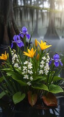 Floral Arrangement in a Swampy Setting with Irises and Bird of Paradise.