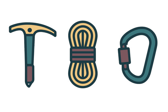 Essential climbing and mountaineering gear set including ice axe, coiled rope, and safety carabiner