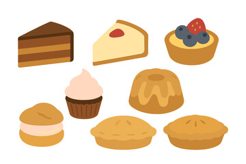 Assortment of delicious baked goods including cake slices, cheesecake, fruit tart, pies, and cupcakes