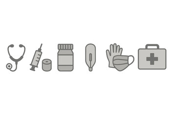 Detailed collection of essential medical tools and healthcare supplies represented as grayscale icons for health and wellness design