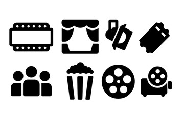 Playbill Icon Set. Playbill Display. Filled icon set of Playbill Display: marquee, stage curtain, spotlight,