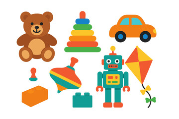 Colorful classic children's toys collection featuring a teddy bear robot car and stacking rings