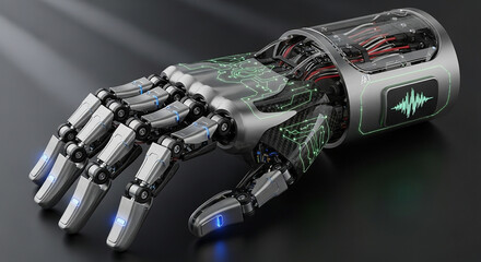 A detailed view of a bionic hand, showcasing the intricate mechanics and advanced technology used in creating prosthetic limbs for enhanced functionality