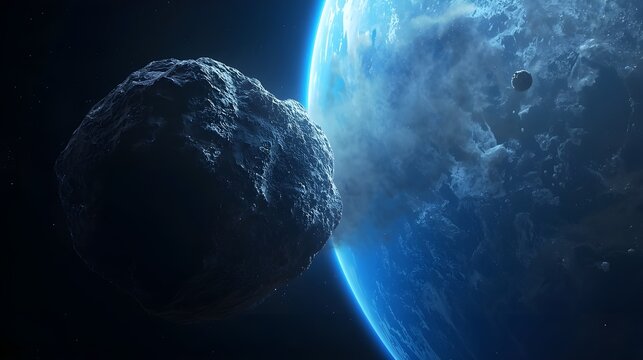 Dark Asteroid Approaching Planet – Deep Space Scene
